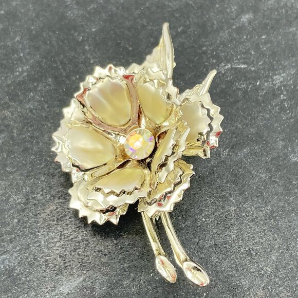 VINTAGE Silver tone metal AB rhinestone flower brooch 1950s 1960s statement pin - Picture 4 of 6